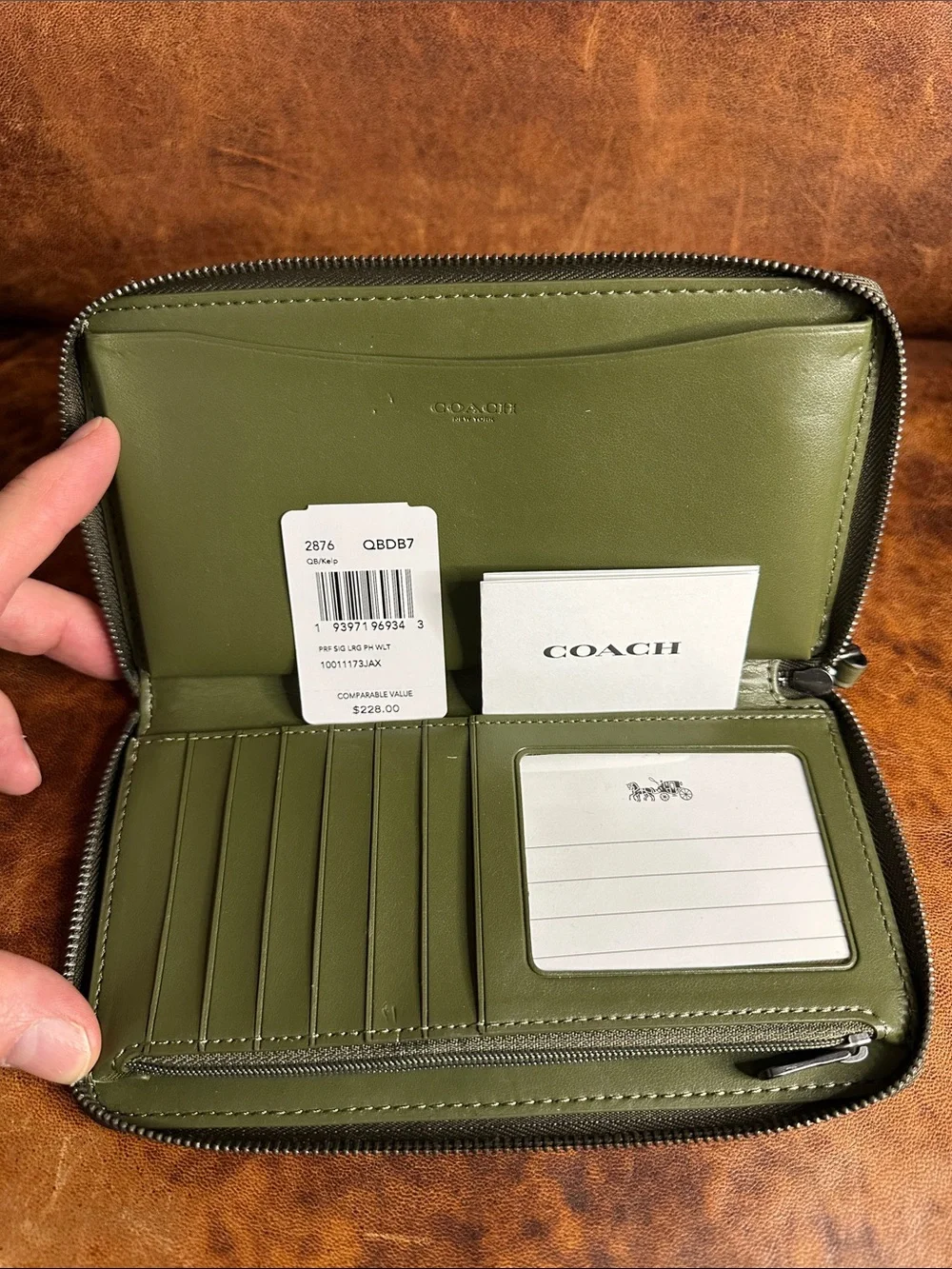 Coach Large Perforated Signature Zip Wallet - Olive